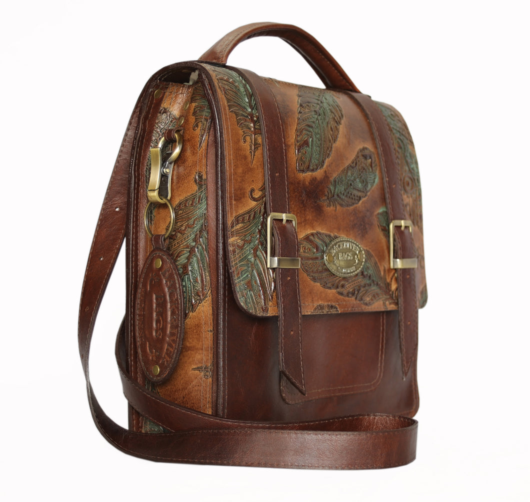 3 Way Medium Satchel. Brown Feather on Classic Brown