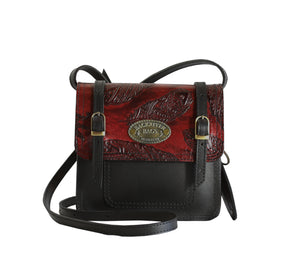 Mini Satchel. Red Feather on Black