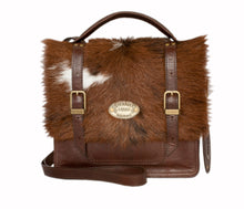 Load image into Gallery viewer, 3 Way Satchel. Brown and White Calf on Classic Brown 1
